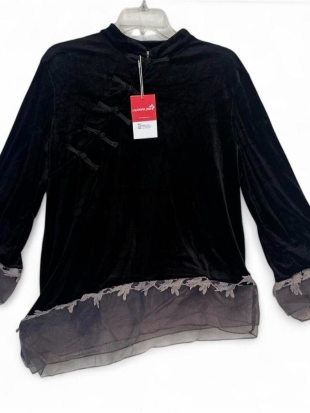 Black Velvet Mandarin Collar Top with Lace Sheer asymmetrical Hem. Antique vibe.